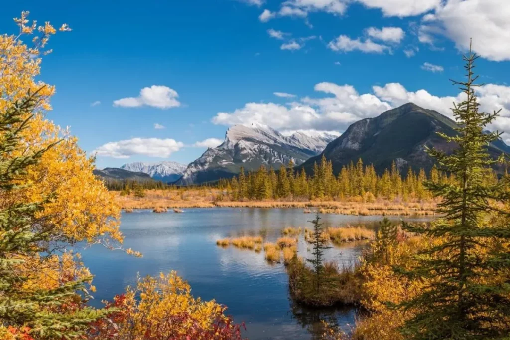 Vermillion lakes in Banff National Park with fall foliage and blue sky